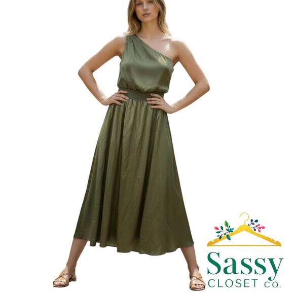 Nicole Miller Olive One Shoulder Maxi Dress Gathered Waist Asym Neck Sz S EUC - Picture 1 of 7